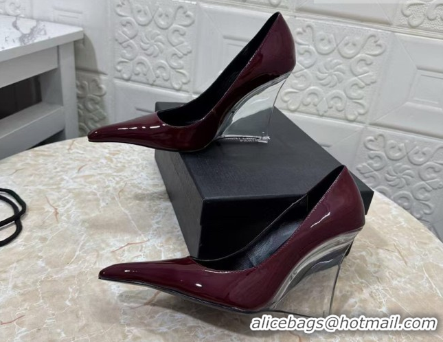 Classic Hot Saint Laurent Patent Leather Wedge Pumps 10.5cm with Clear Heel Burgundy 2026 SL022405