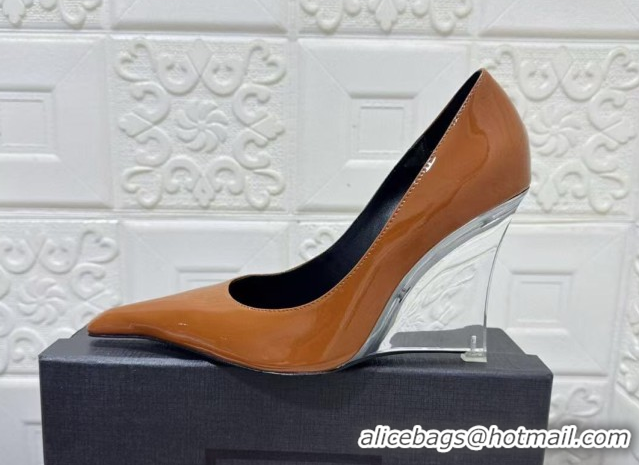 Buy Luxury Saint Laurent Patent Leather Wedge Pumps 10.5cm with Clear Heel Brown 2026 SL022405