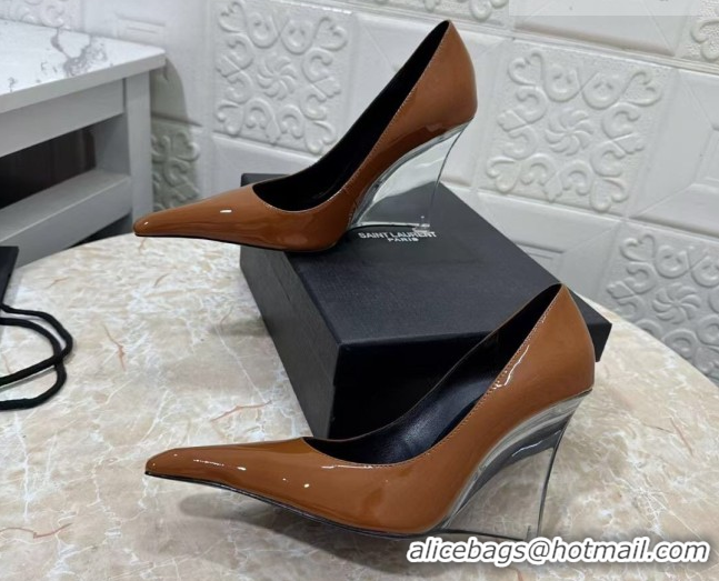 Buy Luxury Saint Laurent Patent Leather Wedge Pumps 10.5cm with Clear Heel Brown 2026 SL022405