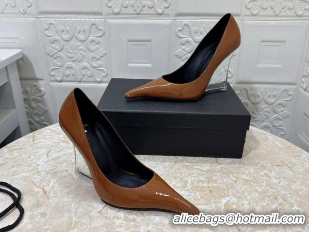 Buy Luxury Saint Laurent Patent Leather Wedge Pumps 10.5cm with Clear Heel Brown 2026 SL022405