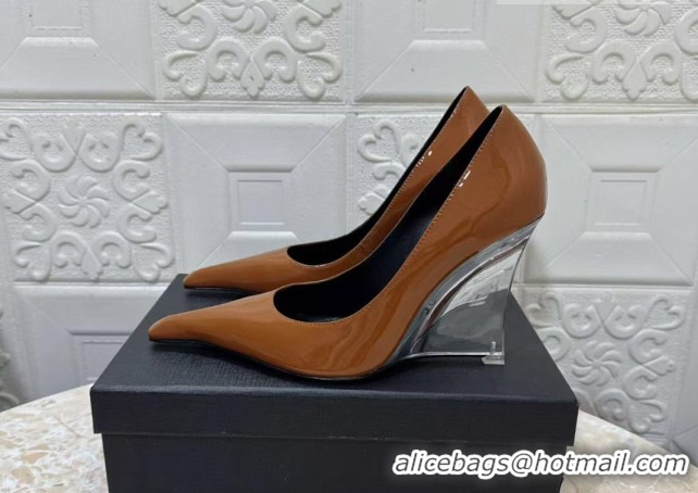 Buy Luxury Saint Laurent Patent Leather Wedge Pumps 10.5cm with Clear Heel Brown 2026 SL022405