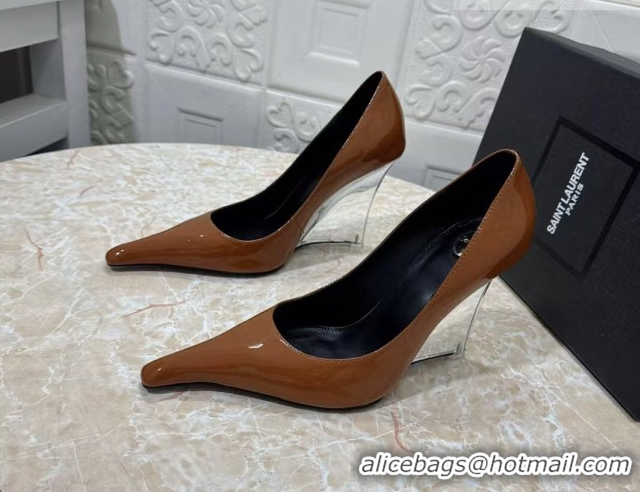 Buy Luxury Saint Laurent Patent Leather Wedge Pumps 10.5cm with Clear Heel Brown 2026 SL022405