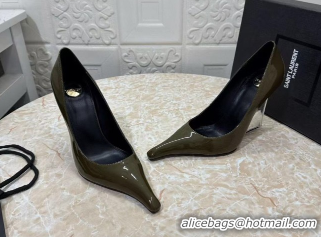 Stylish Saint Laurent Patent Leather Wedge Pumps 10.5cm with Clear Heel Green 2026 SL022405