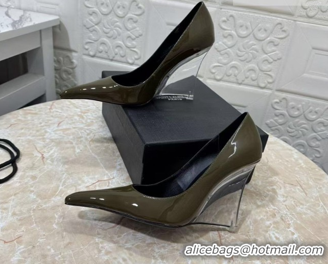 Stylish Saint Laurent Patent Leather Wedge Pumps 10.5cm with Clear Heel Green 2026 SL022405