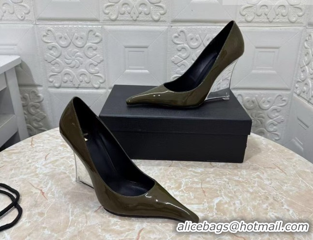 Stylish Saint Laurent Patent Leather Wedge Pumps 10.5cm with Clear Heel Green 2026 SL022405