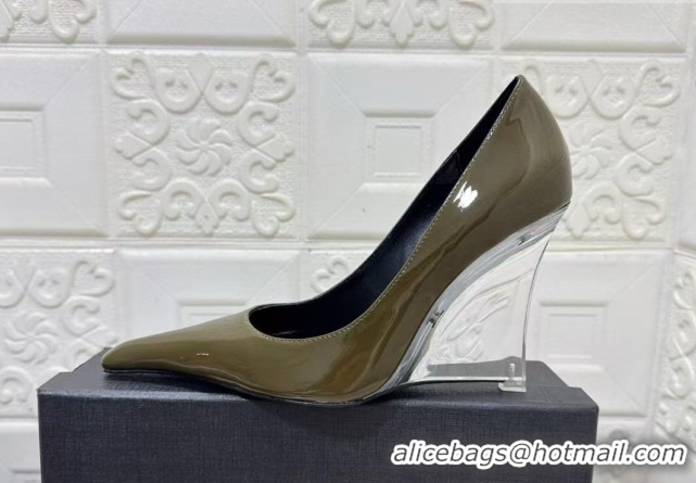 Stylish Saint Laurent Patent Leather Wedge Pumps 10.5cm with Clear Heel Green 2026 SL022405