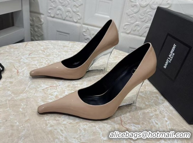 Luxurious Saint Laurent Patent Leather Wedge Pumps 10.5cm with Clear Heel Nude 2026 SL022405