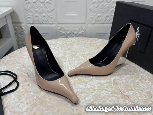 Luxurious Saint Laurent Patent Leather Wedge Pumps 10.5cm with Clear Heel Nude 2026 SL022405