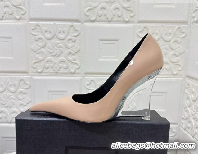 Luxurious Saint Laurent Patent Leather Wedge Pumps 10.5cm with Clear Heel Nude 2026 SL022405