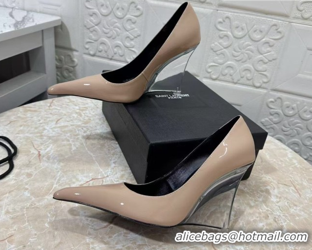 Luxurious Saint Laurent Patent Leather Wedge Pumps 10.5cm with Clear Heel Nude 2026 SL022405