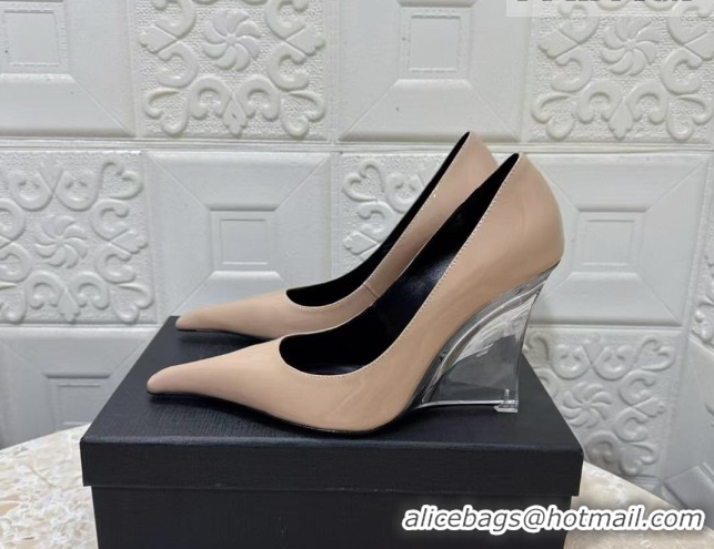 Luxurious Saint Laurent Patent Leather Wedge Pumps 10.5cm with Clear Heel Nude 2026 SL022405