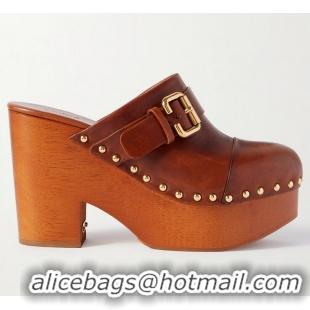 ​Grade Quality Chloe Jeanette Studded Platform Clogs Mules Leather Heel 120mm 30956 Brown