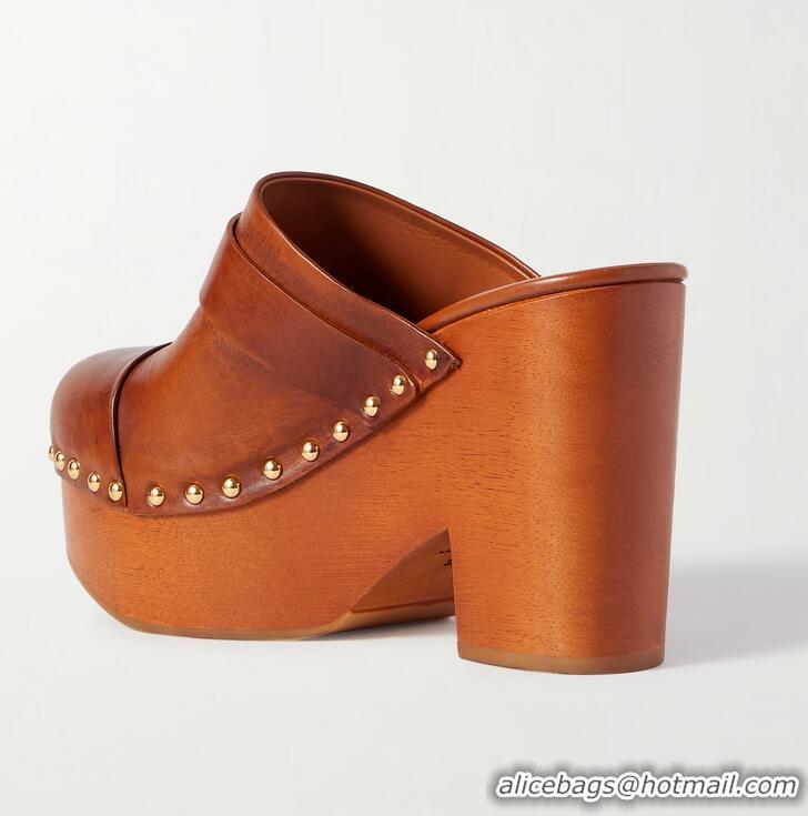 ​Grade Quality Chloe Jeanette Studded Platform Clogs Mules Leather Heel 120mm 30956 Brown