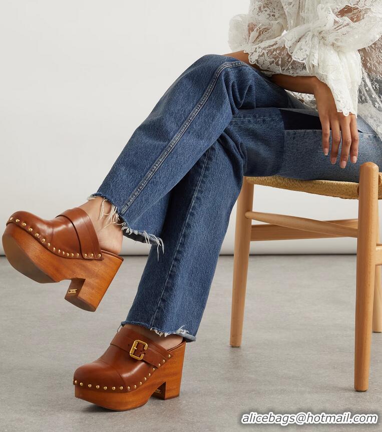 ​Grade Quality Chloe Jeanette Studded Platform Clogs Mules Leather Heel 120mm 30956 Brown