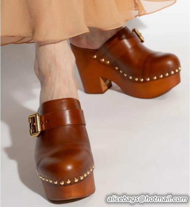 ​Grade Quality Chloe Jeanette Studded Platform Clogs Mules Leather Heel 120mm 30956 Brown