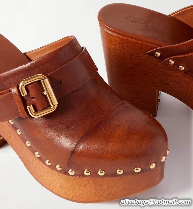​Grade Quality Chloe Jeanette Studded Platform Clogs Mules Leather Heel 120mm 30956 Brown