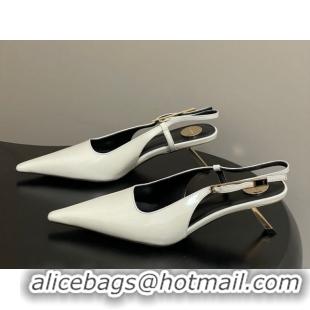 Shop Duplicate Saint Laurent Lee Slingback Pumps 5.5cm with Buckle in Patent Leather White 2026 799704