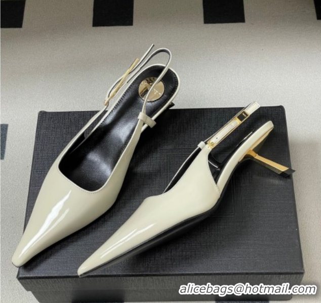 Shop Duplicate Saint Laurent Lee Slingback Pumps 5.5cm with Buckle in Patent Leather White 2026 799704