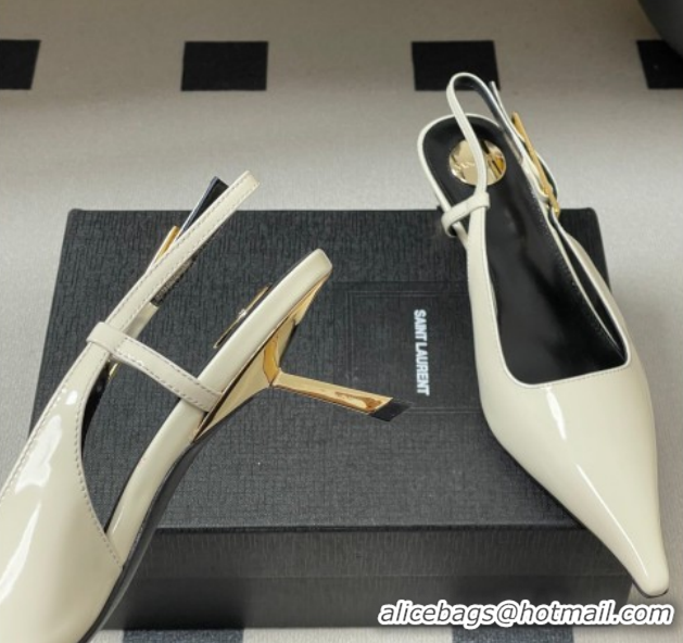 Shop Duplicate Saint Laurent Lee Slingback Pumps 5.5cm with Buckle in Patent Leather White 2026 799704