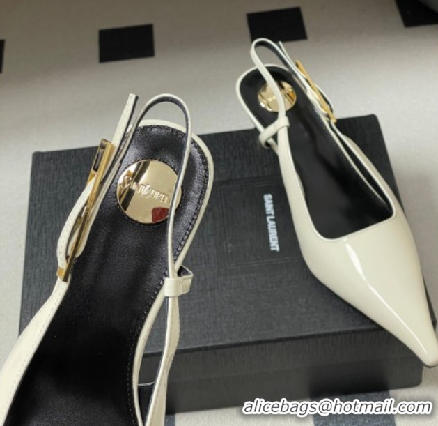 Shop Duplicate Saint Laurent Lee Slingback Pumps 5.5cm with Buckle in Patent Leather White 2026 799704