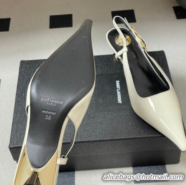 Shop Duplicate Saint Laurent Lee Slingback Pumps 5.5cm with Buckle in Patent Leather White 2026 799704