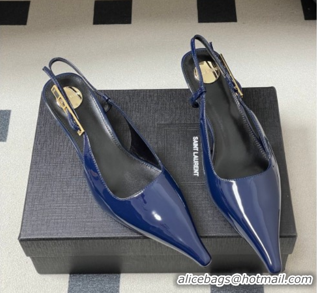 Sumptuous Saint Laurent Lee Slingback Pumps 5.5cm with Buckle in Patent Leather Blue 2026 799704