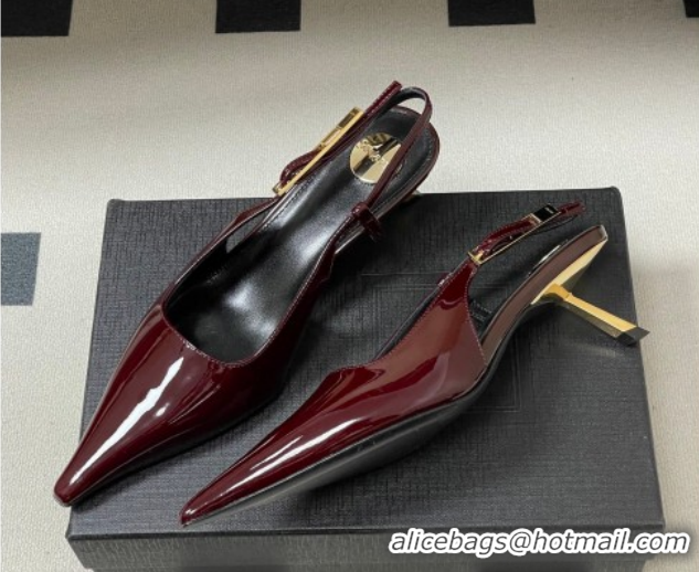 Luxury Saint Laurent Lee Slingback Pumps 5.5cm with Buckle in Patent Leather Burgundy 2026 799704