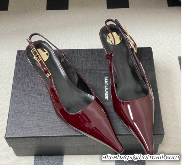 Luxury Saint Laurent Lee Slingback Pumps 5.5cm with Buckle in Patent Leather Burgundy 2026 799704