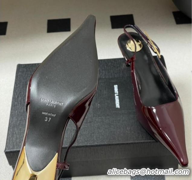 Luxury Saint Laurent Lee Slingback Pumps 5.5cm with Buckle in Patent Leather Burgundy 2026 799704