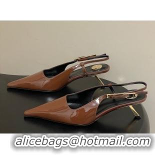 Big Discount Saint Laurent Lee Slingback Pumps 5.5cm with Buckle in Patent Leather Brown 2026 799704