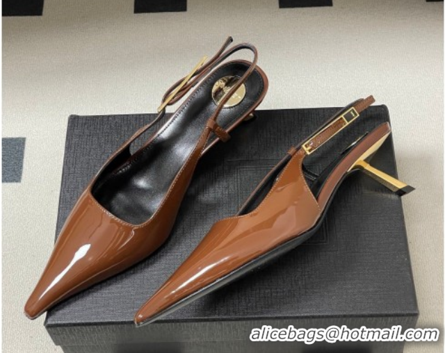 Big Discount Saint Laurent Lee Slingback Pumps 5.5cm with Buckle in Patent Leather Brown 2026 799704