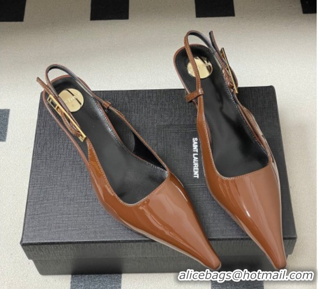 Big Discount Saint Laurent Lee Slingback Pumps 5.5cm with Buckle in Patent Leather Brown 2026 799704