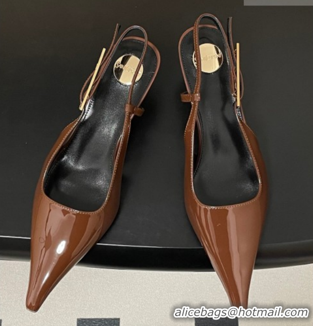 Big Discount Saint Laurent Lee Slingback Pumps 5.5cm with Buckle in Patent Leather Brown 2026 799704