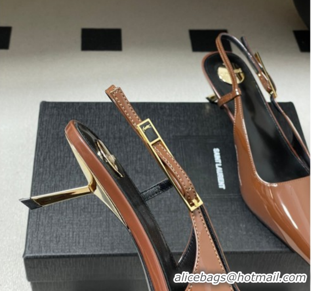 Big Discount Saint Laurent Lee Slingback Pumps 5.5cm with Buckle in Patent Leather Brown 2026 799704