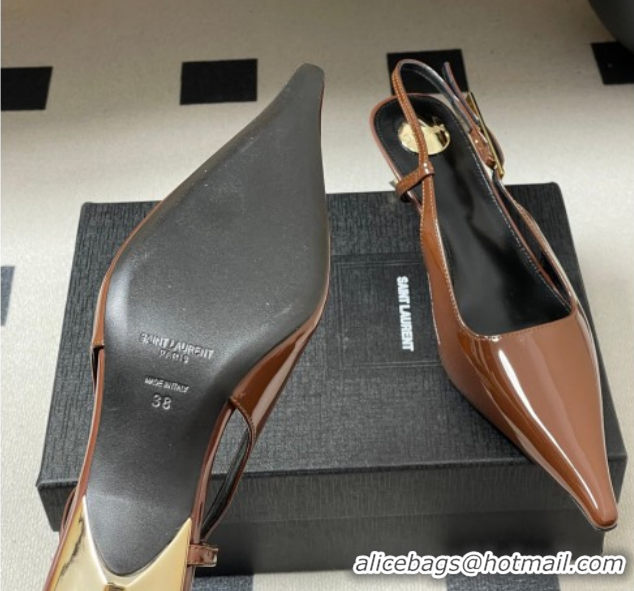 Big Discount Saint Laurent Lee Slingback Pumps 5.5cm with Buckle in Patent Leather Brown 2026 799704
