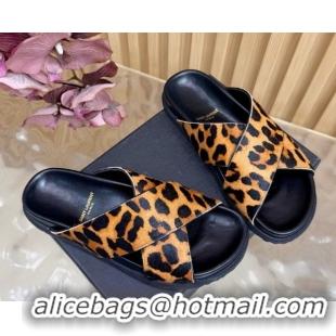Top Design Saint Laurent Leopard Print Mohair Slides Sandal Yellow 2026 SL022407