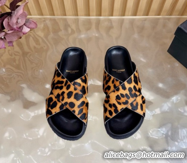 Top Design Saint Laurent Leopard Print Mohair Slides Sandal Yellow 2026 SL022407