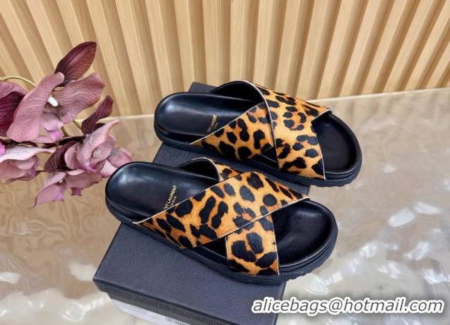 Top Design Saint Laurent Leopard Print Mohair Slides Sandal Yellow 2026 SL022407