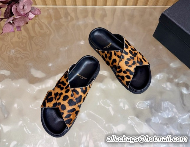 Top Design Saint Laurent Leopard Print Mohair Slides Sandal Yellow 2026 SL022407