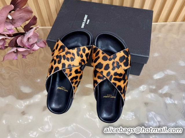 Top Design Saint Laurent Leopard Print Mohair Slides Sandal Yellow 2026 SL022407