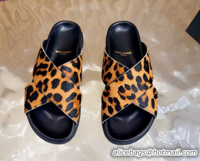 Top Design Saint Laurent Leopard Print Mohair Slides Sandal Yellow 2026 SL022407