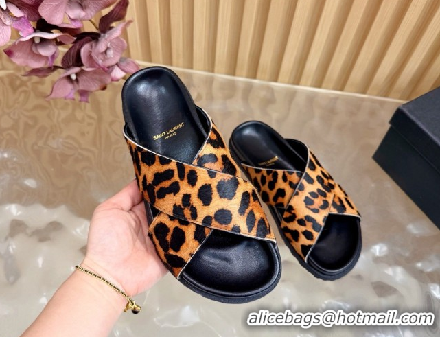 Top Design Saint Laurent Leopard Print Mohair Slides Sandal Yellow 2026 SL022407