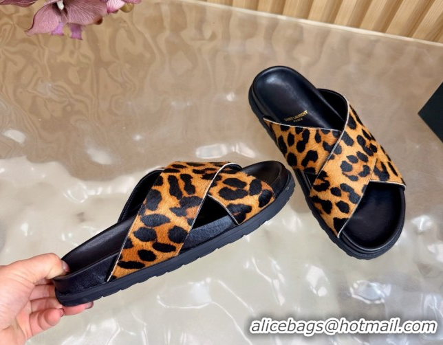 Top Design Saint Laurent Leopard Print Mohair Slides Sandal Yellow 2026 SL022407