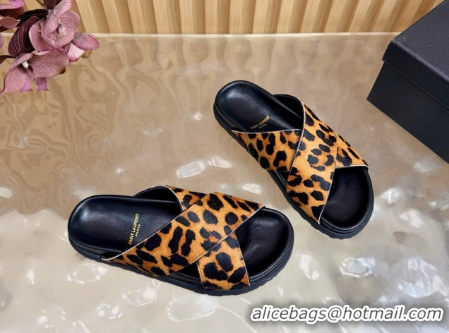 Top Design Saint Laurent Leopard Print Mohair Slides Sandal Yellow 2026 SL022407