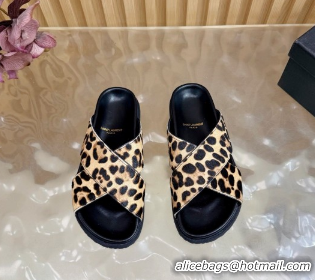 Unique Style Saint Laurent Leopard Print Mohair Slides Sandal Beige 2026 SL022407