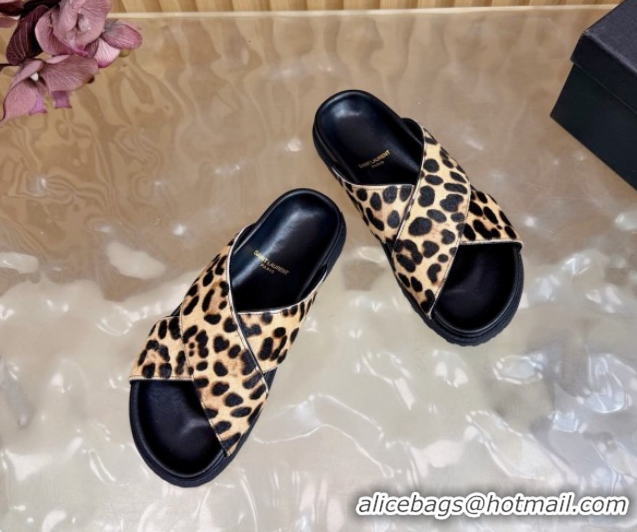 Unique Style Saint Laurent Leopard Print Mohair Slides Sandal Beige 2026 SL022407