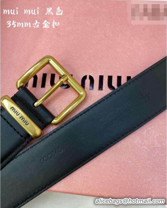 Top Quality Miu Miu Leather Belt 3.5cm 5432 Black/Aged Gold 2024