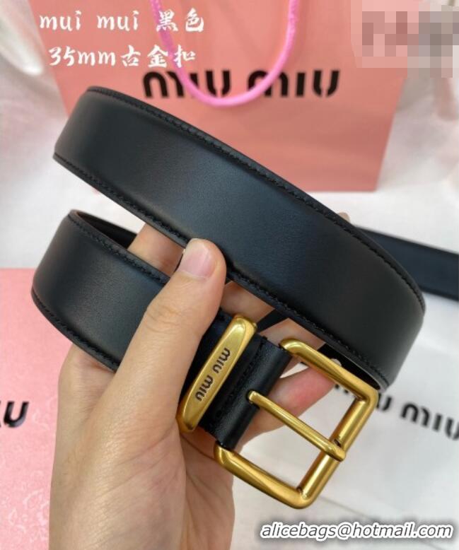 Top Quality Miu Miu Leather Belt 3.5cm 5432 Black/Aged Gold 2024