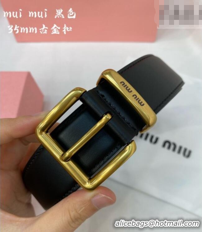 Top Quality Miu Miu Leather Belt 3.5cm 5432 Black/Aged Gold 2024