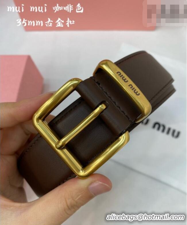 Famous Brand Miu Miu Leather Belt 3.5cm 5432 Coffee/Aged Gold 2024